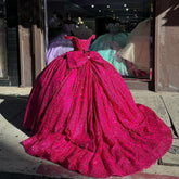 Off-Shoulder Ball Gown Sweetheart Neckline Hot Pink Tulle Quinceanera Dress for Princess Evening & Sweet 16 Parties